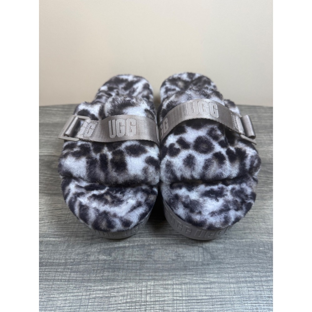 UGG Fluffita Panther Print Leopard Grey Black Platform Slides Sandals 1122556 9